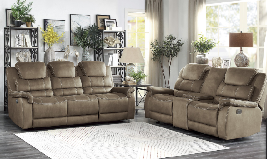 Power Double Reclining Sofa with Power Headrests Drop Down Cup Holders Receptacles and USB Ports