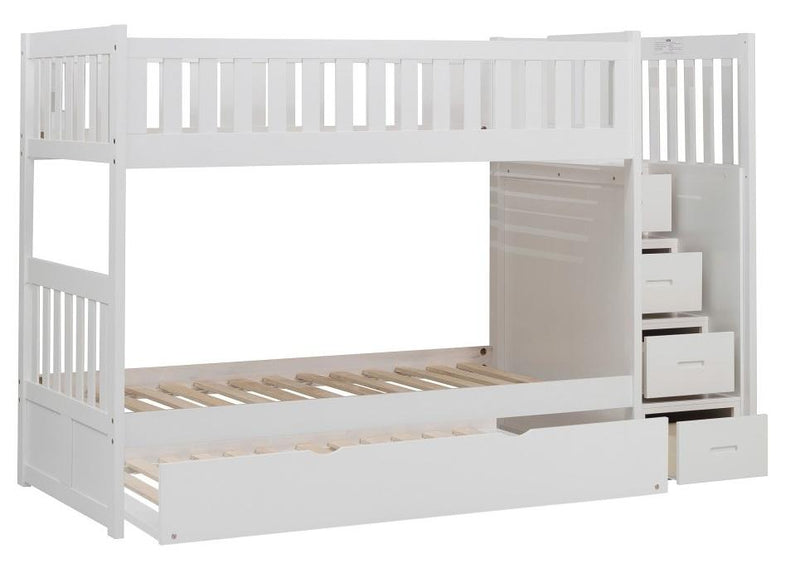 Homelegance Galen Bunk Bed w/ Reversible Step Storage and Twin Trundle in White B2053SBW-1*R